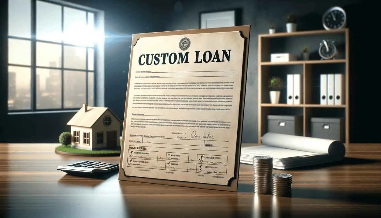 A custom loan agreement on a desk with a miniature house, calculator, and coins, indicating personalized home financing options.