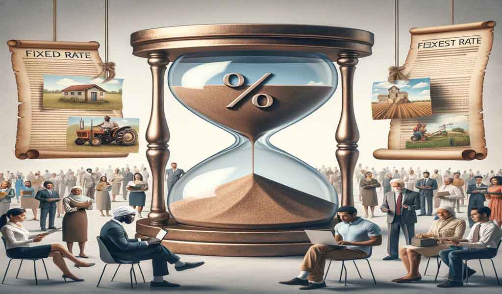 Giant hourglass with diverse people reflecting on fixed-rate conventional home loans against farm scene backdrops.