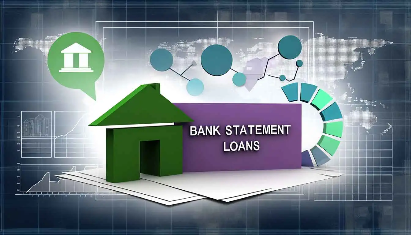 Graphic visualizing bank statement loans with symbols of a bank, house, and financial charts, indicating alternative lending solutions for homebuyers.