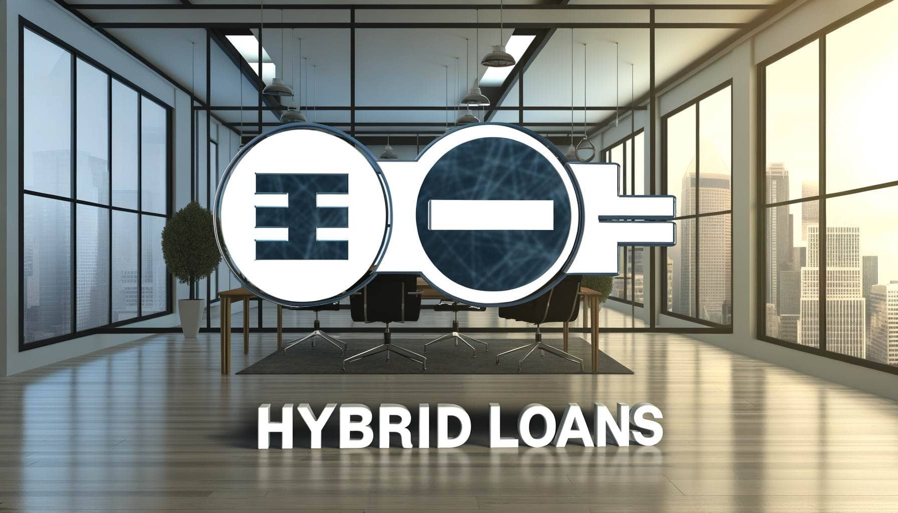Modern office with a large Hybrid Loans graphic, symbolizing the fusion of traditional and non-traditional loan elements in non-QM loans.