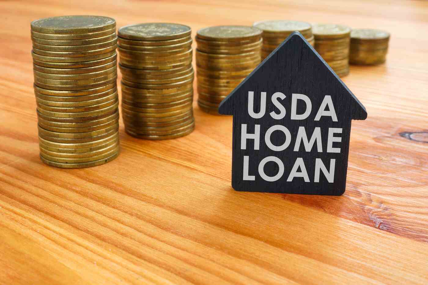 Stacks of coins with increasing height next to a USDA Home Loan sign on a wooden background-Government-Backed Loans